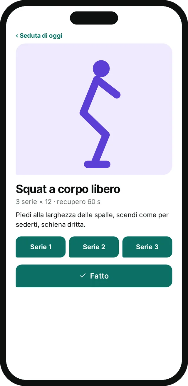 Un esercizio a casa sul telefono: squat a corpo libero, con l'animazione e le serie