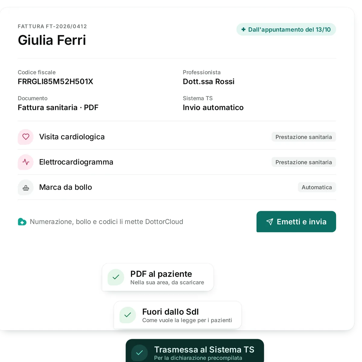 La fattura di Giulia Ferri nata dall'appuntamento del 13/10: visita cardiologica, elettrocardiogramma e marca da bollo automatica; il PDF nell'area della paziente, fuori dallo SdI, e le spese trasmesse al Sistema TS
