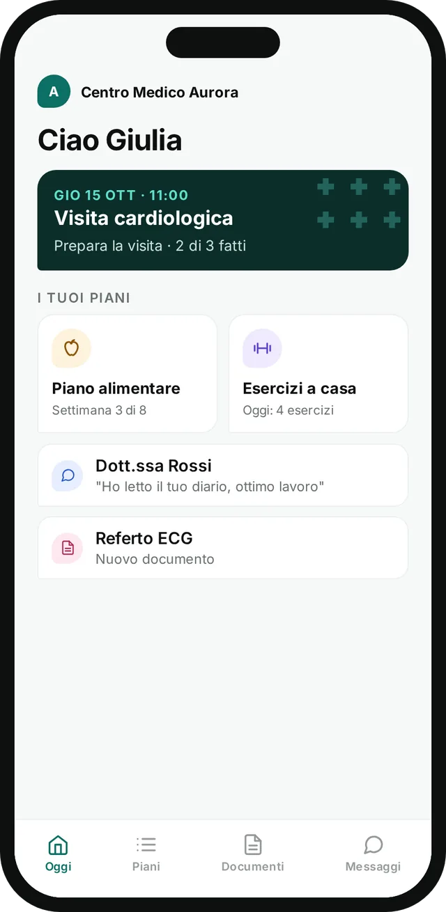 L'area del paziente sul telefono: la prossima visita da preparare, il piano alimentare, gli esercizi e un nuovo referto