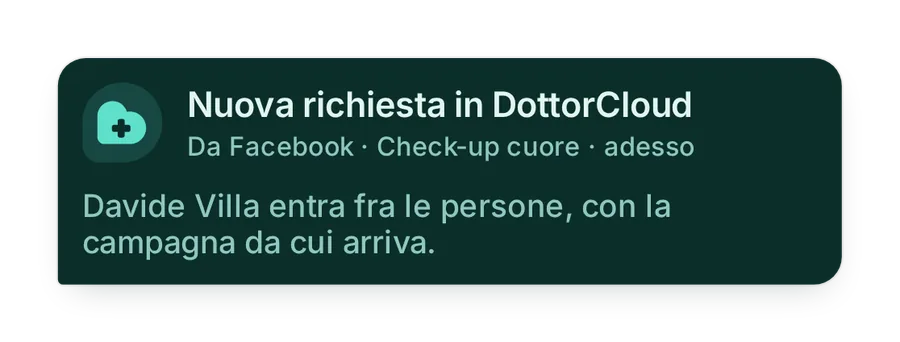 Una notifica: nuova richiesta in DottorCloud da Facebook, dalla campagna Check-up cuore; Davide Villa entra fra le persone con la campagna da cui arriva