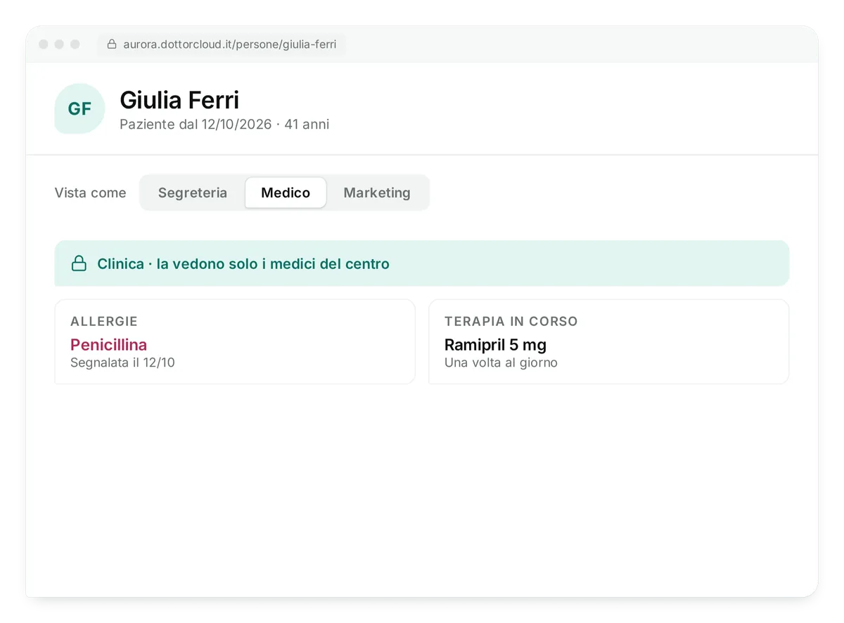 La scheda di Giulia Ferri vista dal medico: la sezione Clinica, visibile solo ai medici del centro, con allergie e terapie